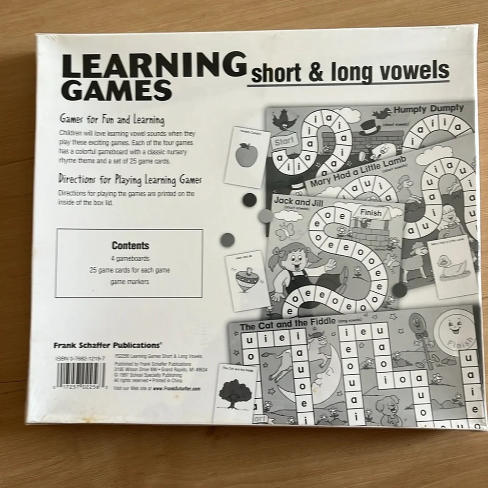 FRANK SCHAFFER AGES 5+ SHORT AND LONG VOWELS 4-GAME BOARDS LEARNING GAMES